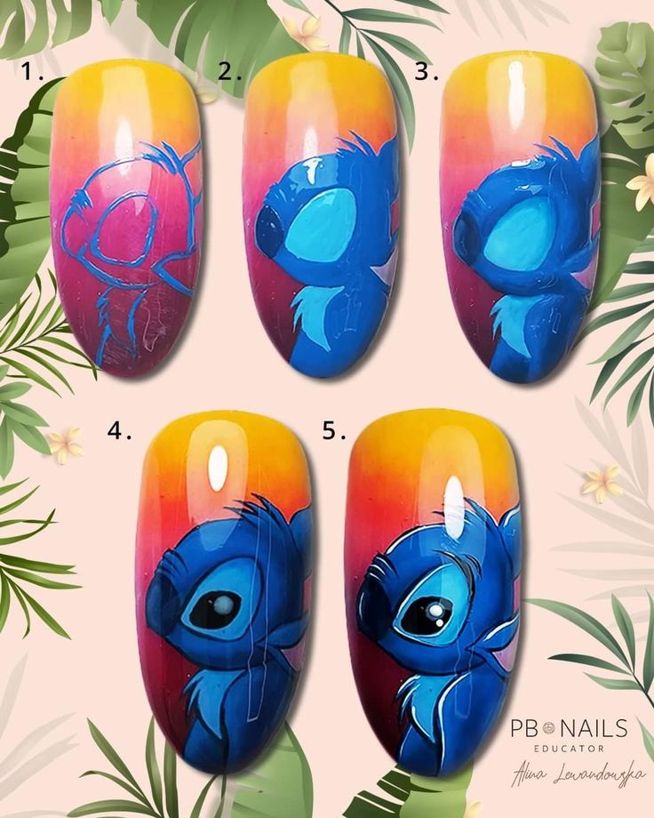 Stitch Nails Step By Step, Nail Art Stitch Disney, Step By Step Character Nail Art, Stitch Nail Art Tutorial, Cartoon Nail Art Step By Step, Stitch Nails Disney, Nail Art Stitch, Character Nail Art Step By Step, Stitch Nail Designs