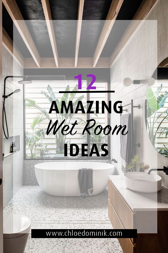 a white bath tub sitting inside of a bathroom next to a toilet and sink with the words 12 amazing wet room ideas