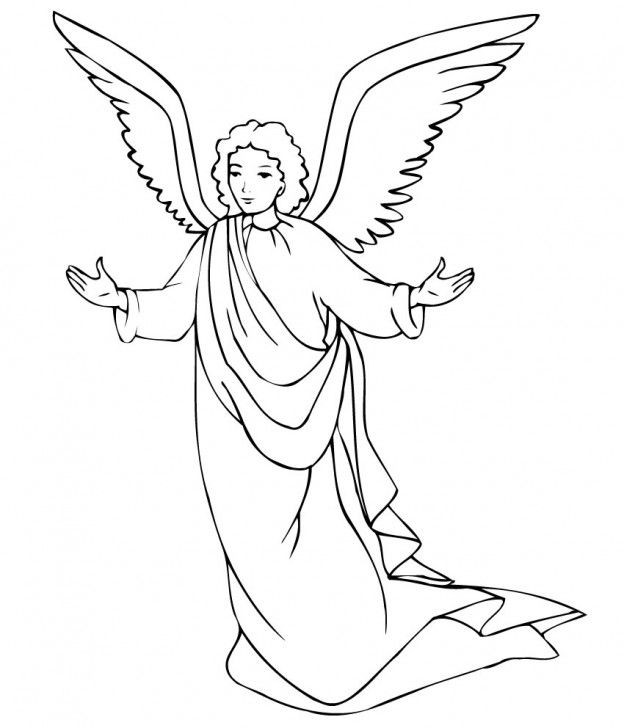 an angel with outstretched arms and hands in the air, outlined on a white background