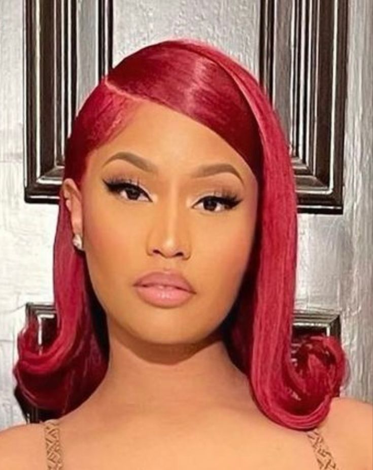 Slick Sides Hair Down, Nicki Hairstyles, 90s Flipped Hair, Barbie Hairstyles Black Women, Nicki Minaj Red Hair, Nicki Minaj Bob, Barbie Hairstyles Real Life, Red Updo, Hair Red Color