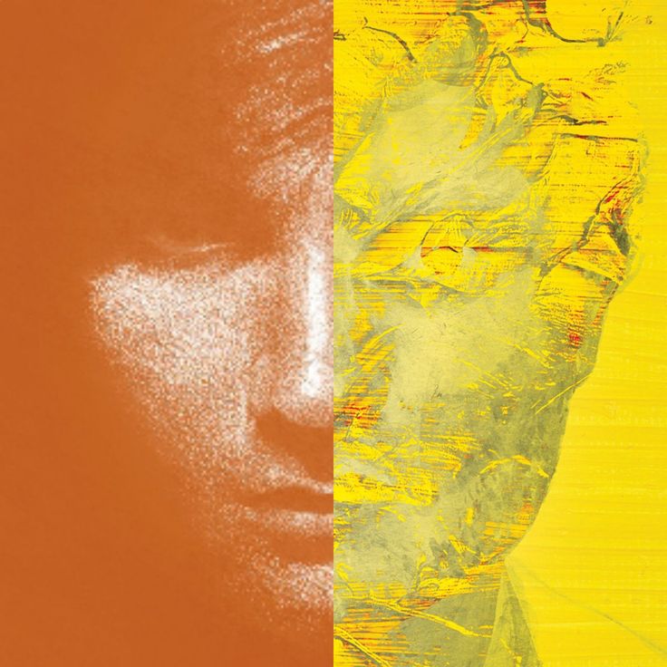 a man's face is shown in the middle of an orange and yellow background