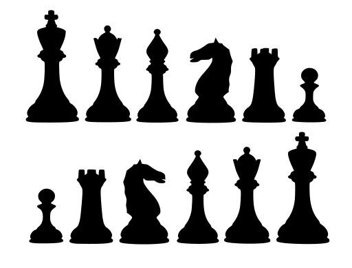 the silhouettes of chess pieces on a black and white background