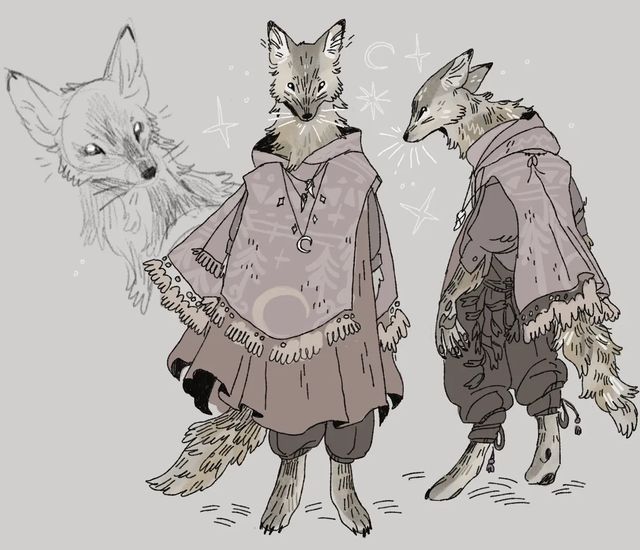 two foxes are standing next to each other in front of a wolf wearing an outfit