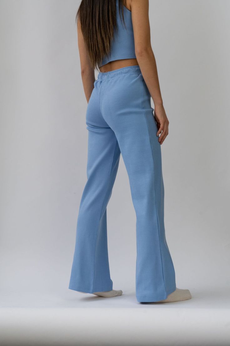 Our Wide Leg Lounge Pants in Cornflower are the quintessential loungewear staple. They feature a relaxed fit and cream rope drawstring. Made with super thick and stretchy ribbed organic cotton. 95% GOTS organic cotton Wide Leg Lounge Pants, School Wear, Jacket Brands, Festival Wedding, Brand Collection, Lounge Pants, Ribbed Fabric, Coat Dress, Skirt Pants