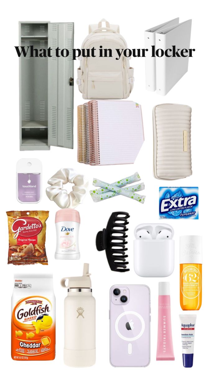 What to put in your locker Locker Essentials, High School Essentials, School Locker Organization, School Locker Decorations, Middle School Lockers, Middle School Essentials, School Emergency Kit, School Backpack Essentials, Middle School Survival