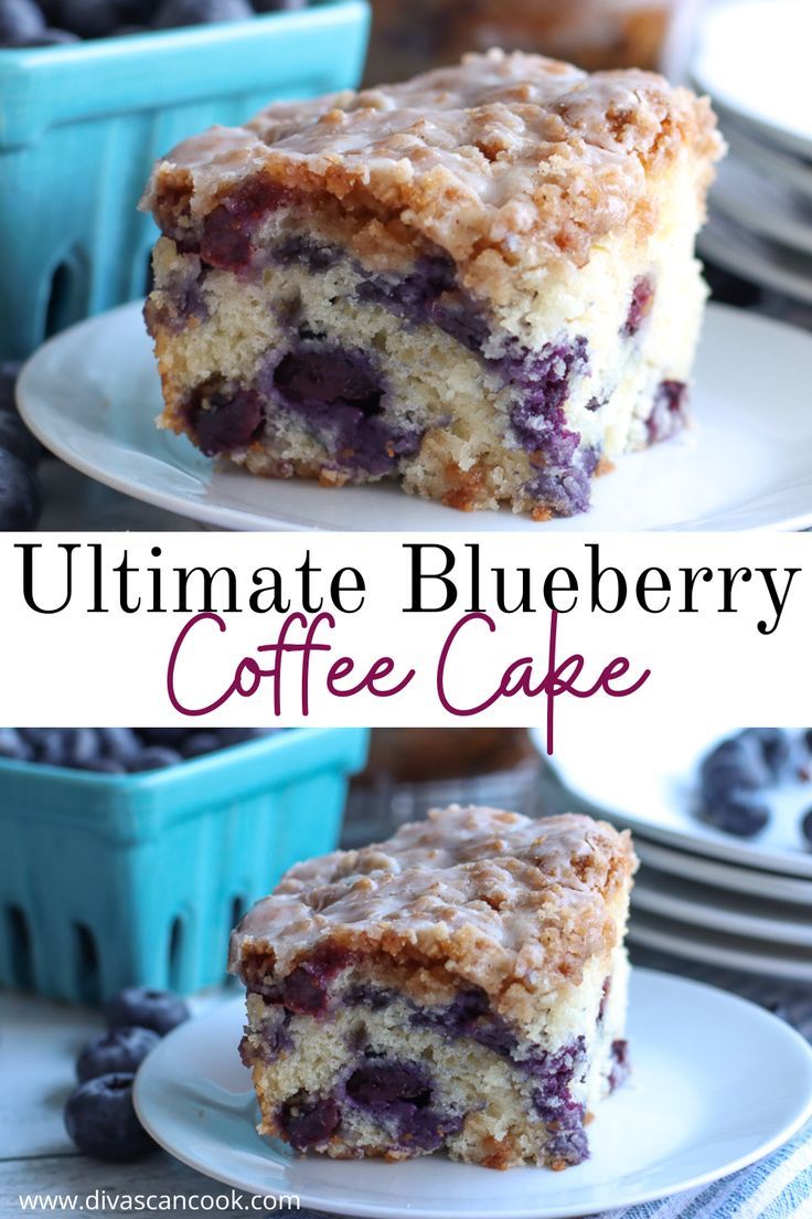 the ultimate blueberry coffee cake is cut in half and stacked on top of each other