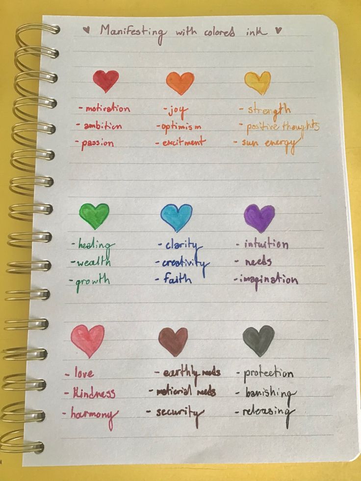 a notepad with writing on it that has hearts and words written in different colors