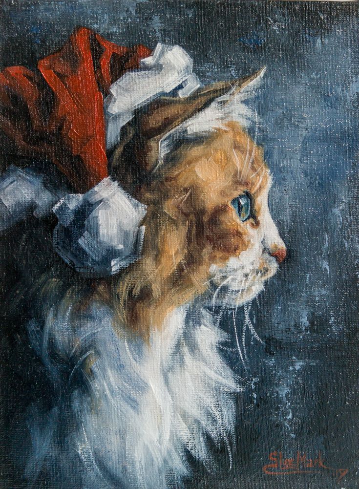 an oil painting of a cat wearing a santa claus hat and holding a bag on its back