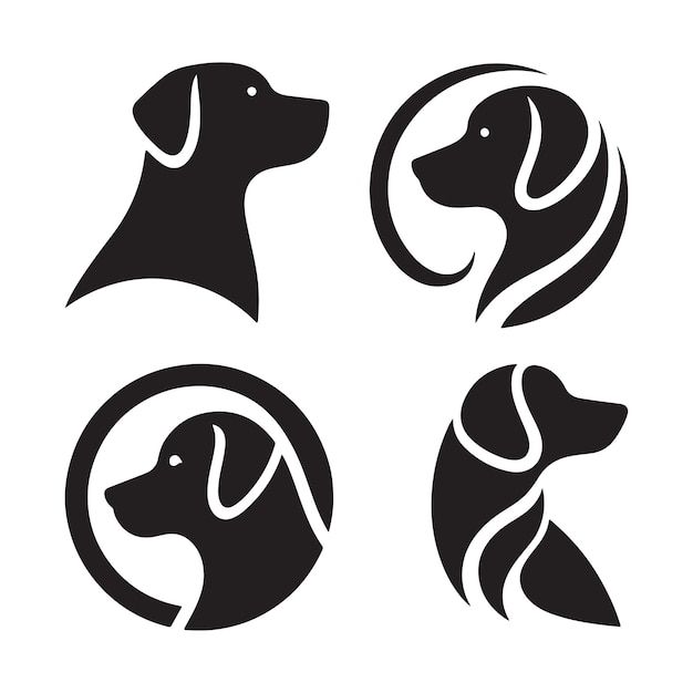 four black and white silhouettes of dogs with their heads in the same circle, one is