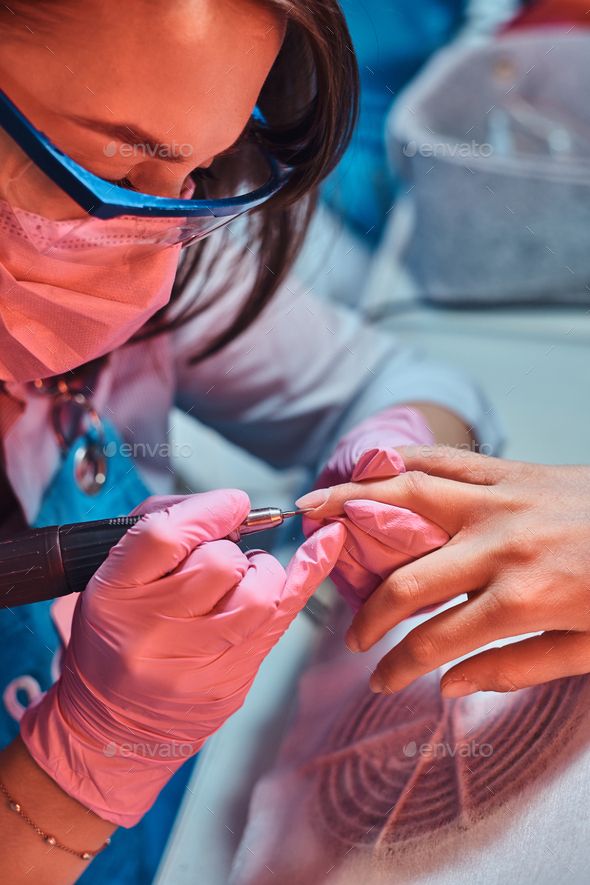 Manicure Process, Nail Master, Closeup Photo, Pink Gloves, Tag Art, Photo Shoot, Hair Wrap, Close Up, Face Mask