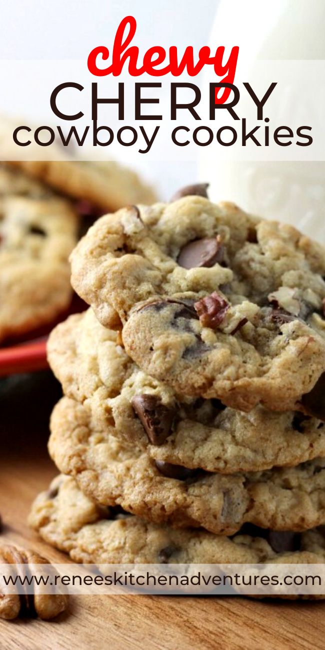 chewy cherry cowboy cookies stacked on top of each other in front of a bowl