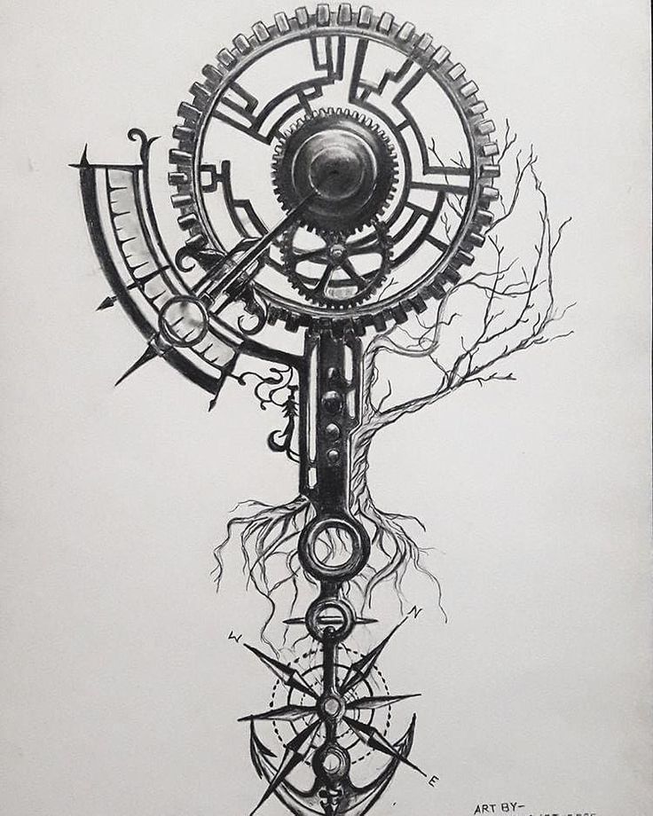 a drawing of a clock with many different parts attached to it's face and hands