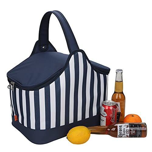 a cooler bag with beer, oranges and lemons next to it on a white background