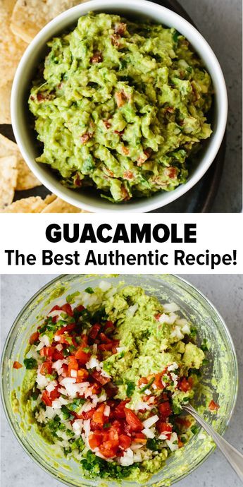 the best authentic guacamole recipe is shown in two different bowls, one with tortilla chips