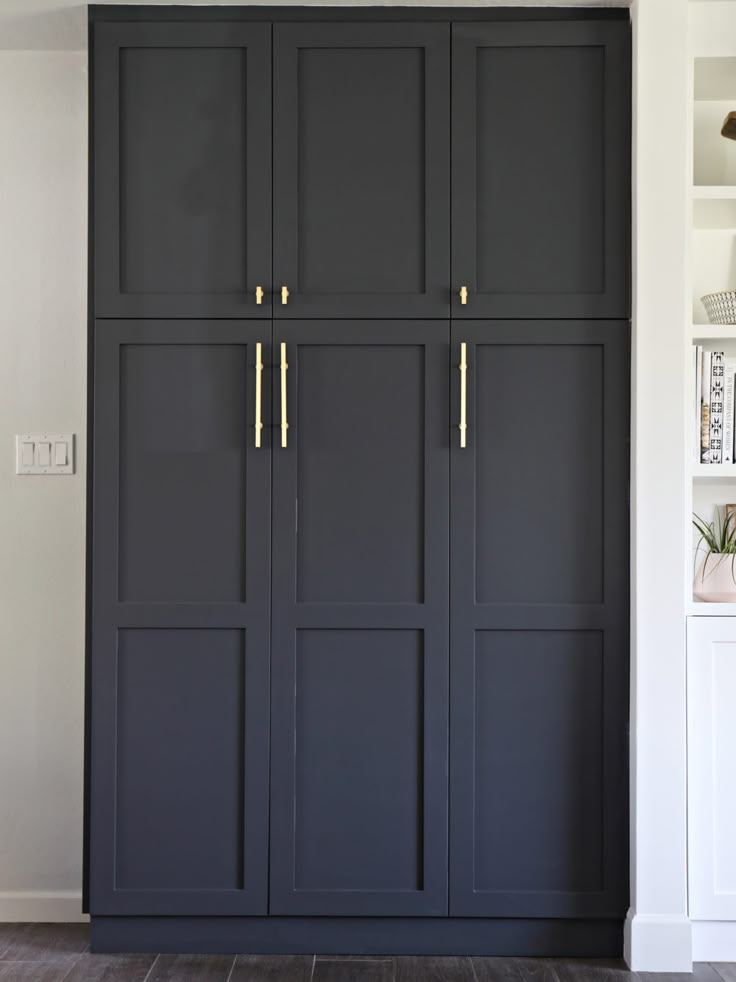 an empty room with black cupboards and shelves on the wall in front of it