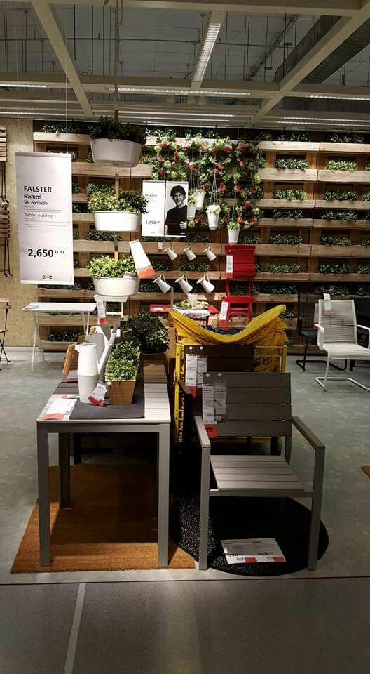 a room filled with lots of furniture and plants on display in front of wooden shelves