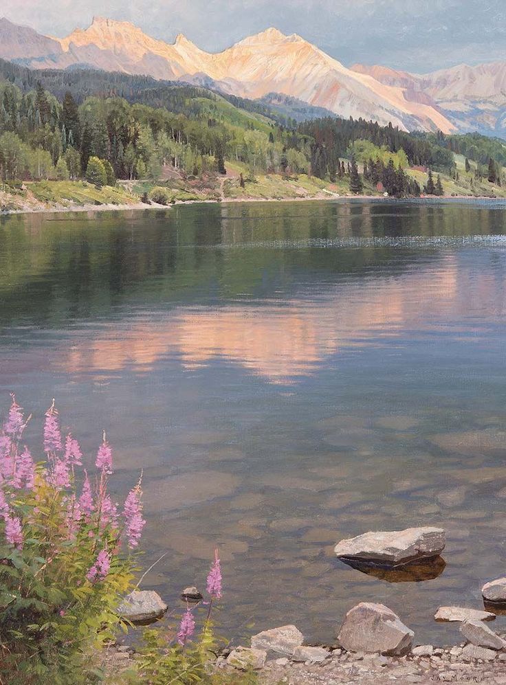 a painting of mountains and water with rocks in the foreground, purple flowers in the foreground