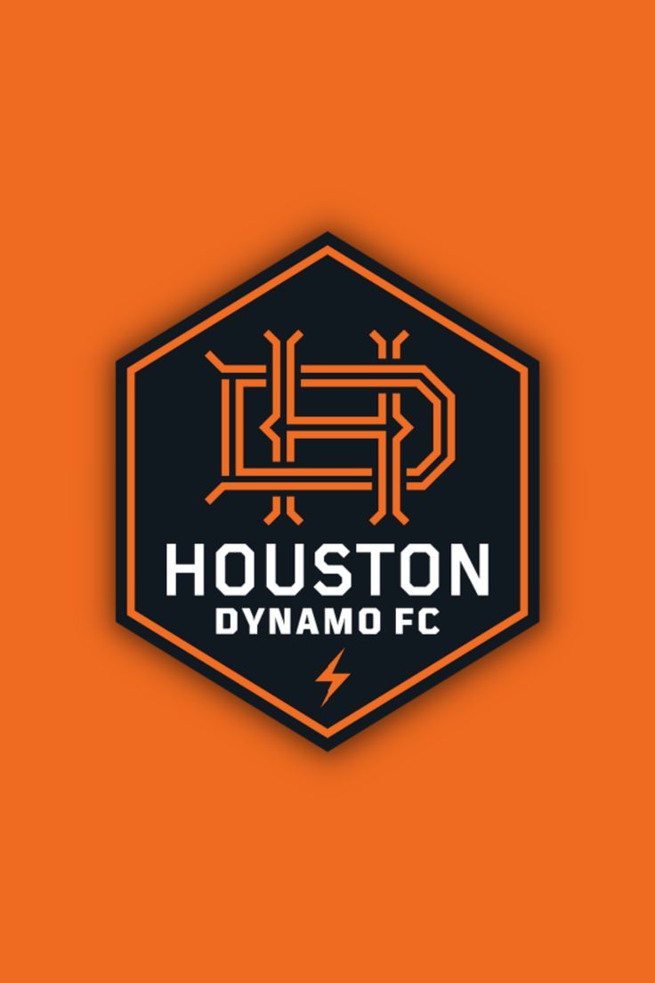 the houston dynamic fc logo on an orange and black hexagonal background with lightning bolt