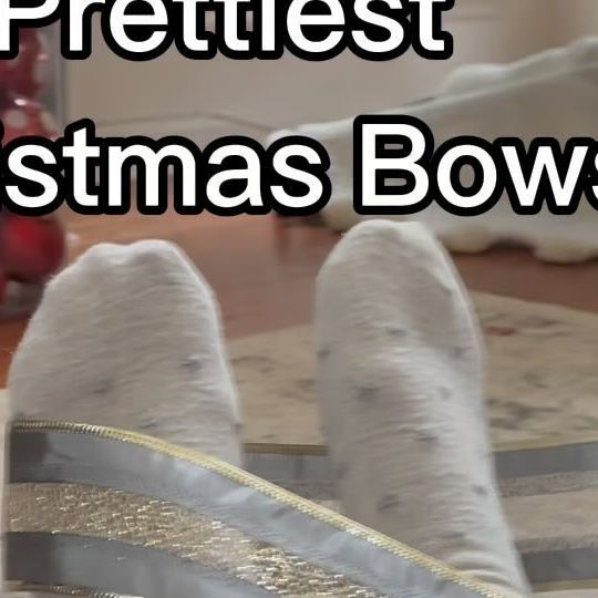 a person's feet with christmas bows on the floor and text reading prettiest christmas bows