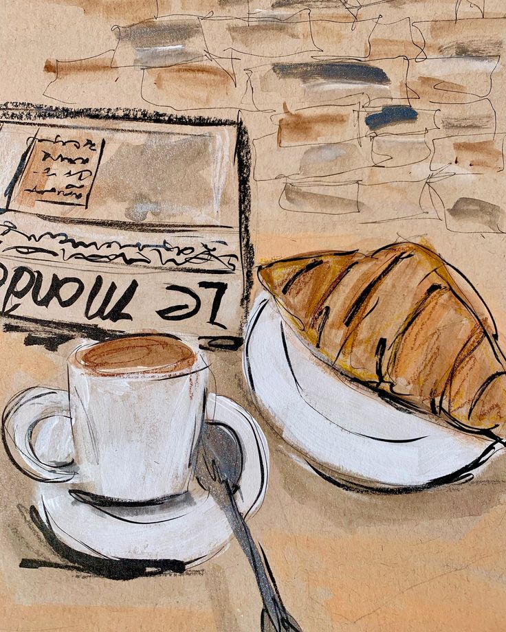 a drawing of a coffee cup and croissant on a table with a laptop