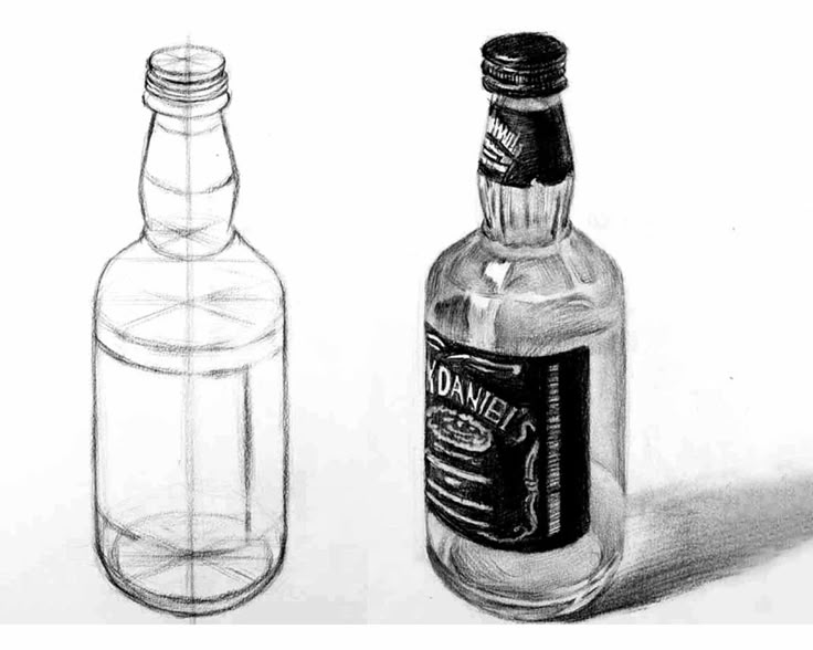 a drawing of a bottle next to a glass bottle with a cork top on it