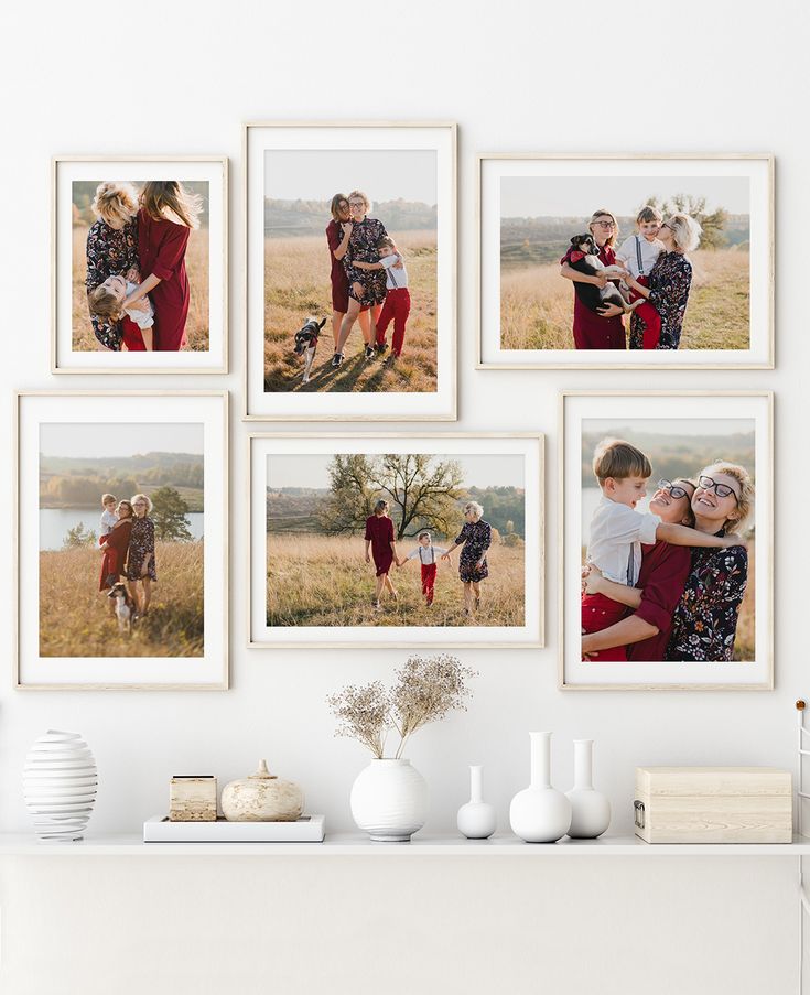 four framed photographs hang on the wall above a mantle