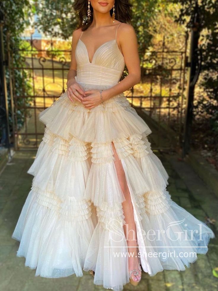 Leg Slit Ruffles Ball Gown Sweetheart Layered Prom Dress ARD2669-SheerGirl Layered Prom Dress, Prom Dress Champagne, Side Split Prom Dress, Tulle Long Prom Dress, Champagne Evening Dress, Dream Prom, Flowy Dresses, Dress Champagne, Frilly Dresses