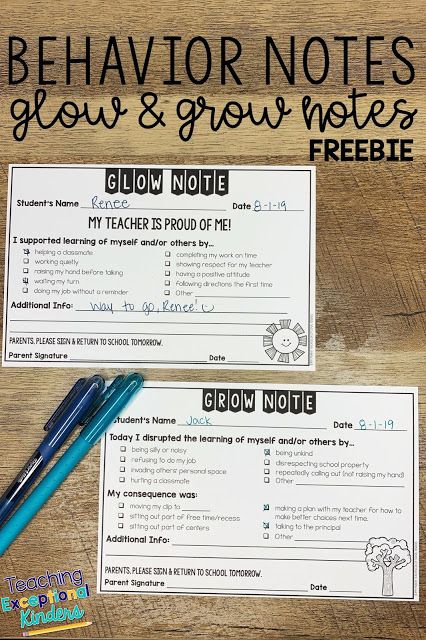 two behavior notes on a wooden table with blue pens and pencils next to them