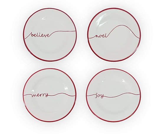 four red and white plates with writing on them