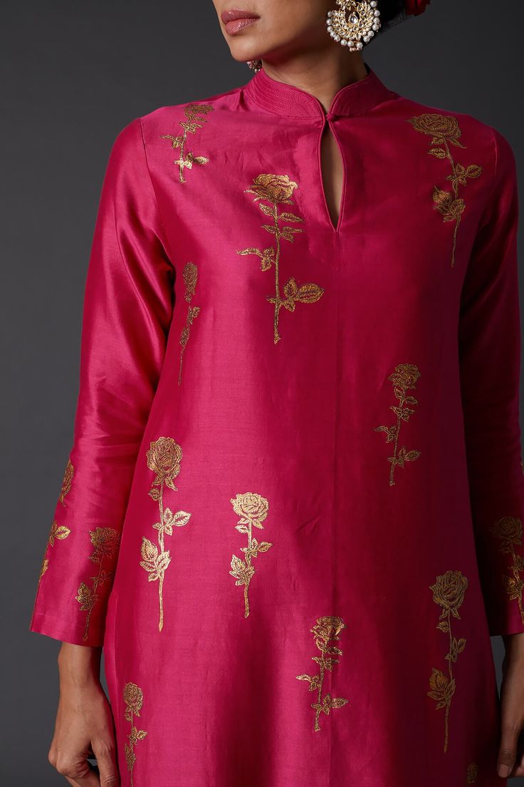 Editor's Note Featuring A Fuchsia Kurta In Chanderi Silk And Cotton Base With Gold Block Print. It Is Paired With Matching Palazzo Pants. Color: Pink Fabric: Chanderi Silk, Cotton Care: Dry Clean Only About the Designer Rohit Bal is intensely concerned with design as an art form. The designer draws on history, fantasy and folklore to create masterpieces that are desired by discerning aficionados around the globe. Rohit has a deep understanding of the psyche of the fashion world and it reflects i Block Printing Suits Designs, Printed Silk Kurti Designs Latest, Kurta Neck Design Latest Cotton, Block Print Kurti Designs, Block Printed Kurta, Printed Kurti Designs, Chanderi Silk Suits, Kurta And Palazzo, Silk Kurti Designs