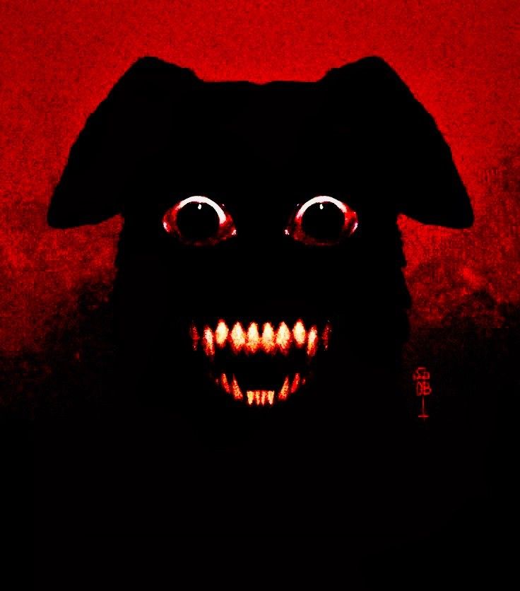 a black dog with big eyes and scary smile on it's face in the dark