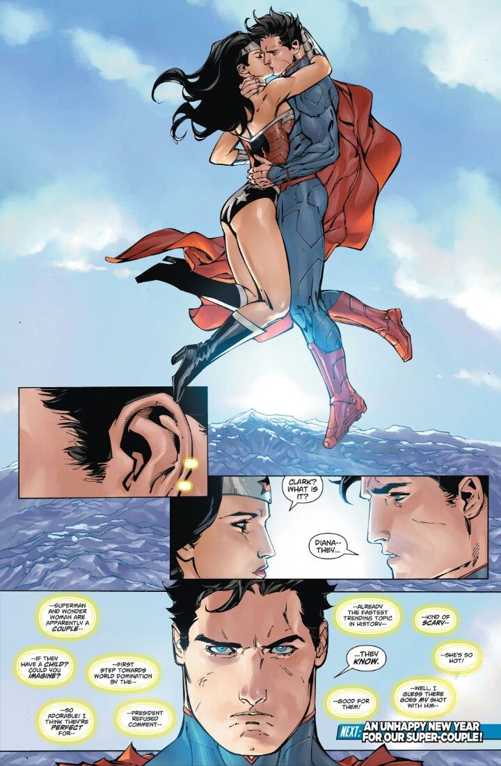 superman and wondergirl kissing in the sky with their heads touching each other's shoulders