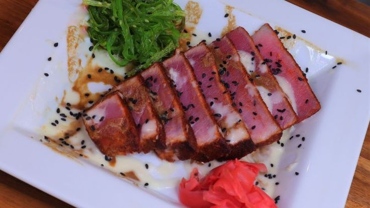 ROY'S RESTAURANT'S | Signature Blackened Ahi Tuna - Restaurant Recipe Recreations Blackened Ahi Tuna, Ahi Recipes, Wakame Salad, Seared Ahi, Seared Tuna, Pickled Ginger, Ahi Tuna, Black Sesame Seeds, Celebrity Chef