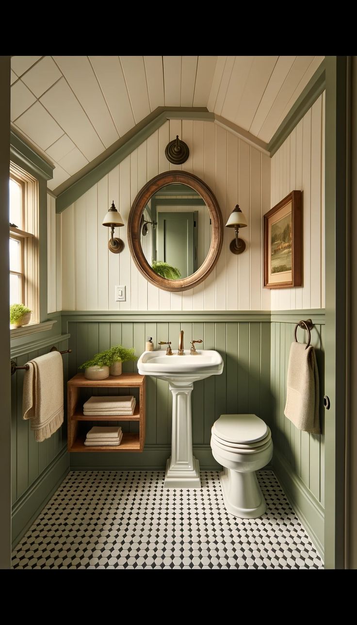 a white toilet sitting next to a sink in a bathroom under a round mirror on the wall