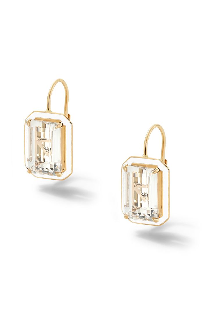 Make a statement day or night. These earrings add the perfect amount of sparkle for any occasion. Customize with your choice of rectangular-shaped colored lab-created gemstones and matching colored enamel. Rectangular Fine Jewelry For Evening, Elegant Rectangular Gemstone Accent Earrings, Elegant Rectangular Gemstone Accented Earrings, Elegant Rectangular Earrings With Gemstone Accents, Luxury Rectangular Earrings For Evening, Elegant Jewelry With Rectangular Pendant And Matching Earrings, Alison Lou, Emerald Blue, Yellow Citrine