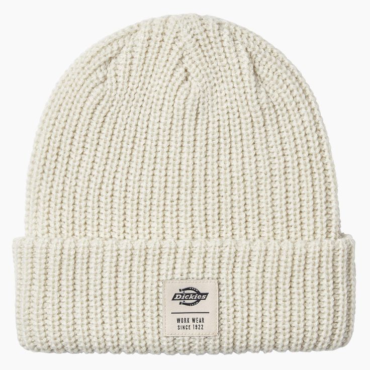 Fisherman beanies are a staple in every wardrobe. This cuffed style features a chunky rib knit to block out the cold and our woven Work Wear label. White Cotton Hats For Cold Weather, Casual White Hats For Cold Weather, Casual White Hat For Cold Weather, Casual White Hat For Fall, White Knitted Beanie For Cold Weather, Casual White Knitted Beanie, Casual Chunky Knit Beanie For Outdoor, White Streetwear Hat For Fall, White Chunky Knit Hat For Fall