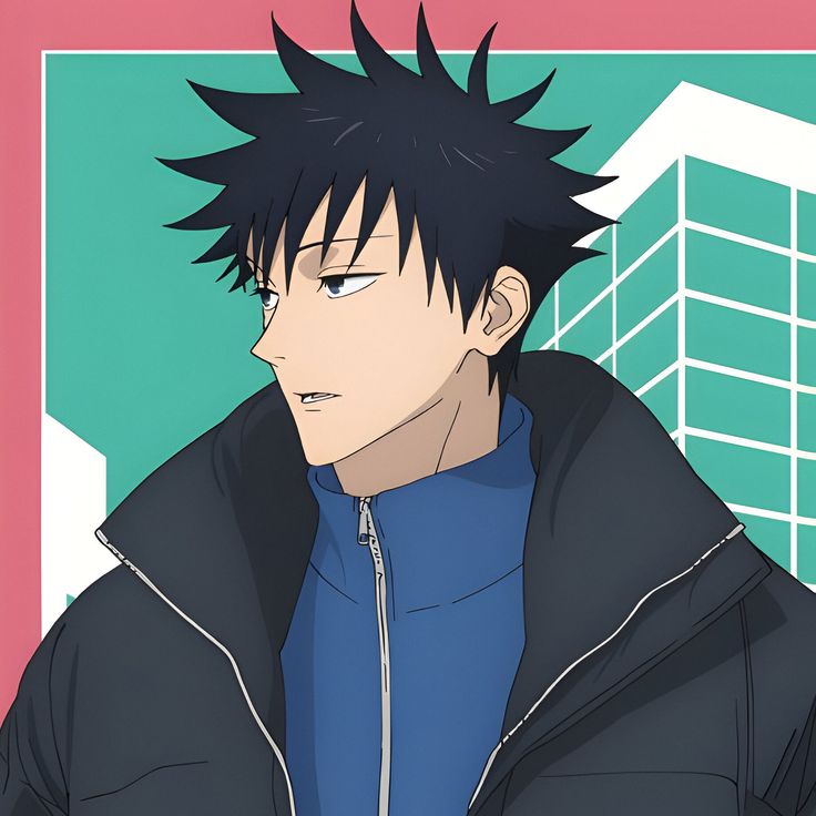 an anime character with black hair wearing a blue shirt and jacket in front of a cityscape