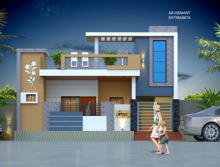 two women walking in front of a modern style house with blue windows and white trim