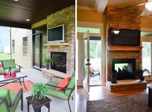 two pictures of a living room with couches, chairs and a television on the wall