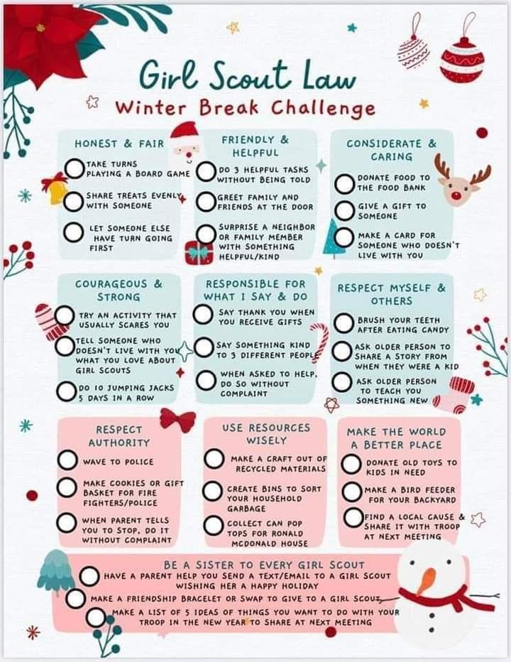 the girl scout law winter break challenge is shown in this graphic style, with snowman and