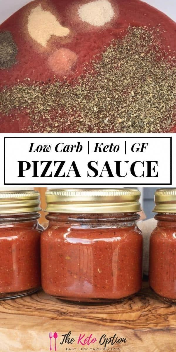 three jars filled with pizza sauce sitting on top of a wooden table next to a sign that says low carb keto gr