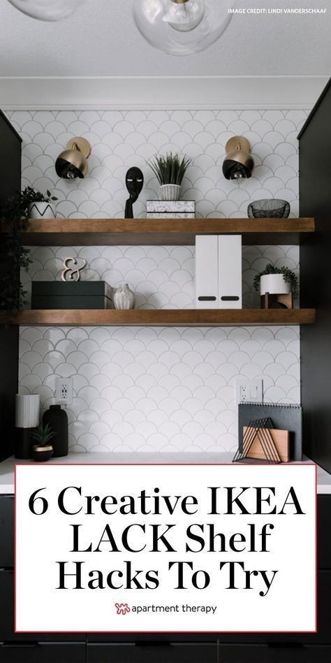 a shelf with books and other items on it in front of the words 6 creative ikea hacks to try