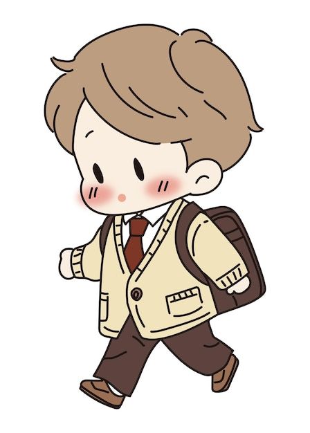 a boy in a suit and tie is walking with a backpack on his back,