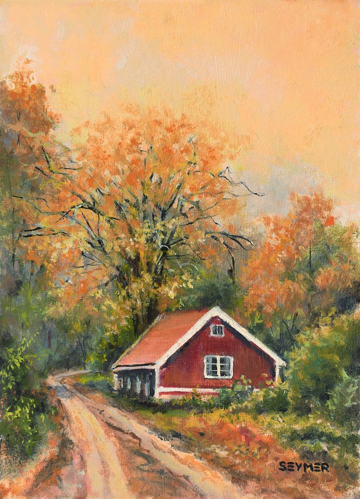 a painting of a red house in the fall