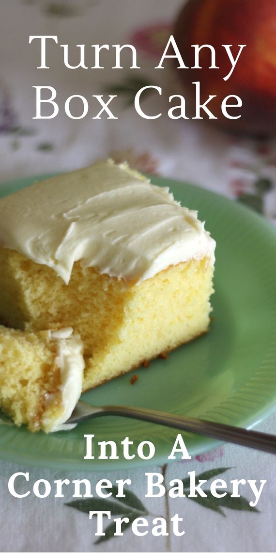 a piece of cake on a green plate with a fork in it and the words turn any box cake into a corner bakery treat