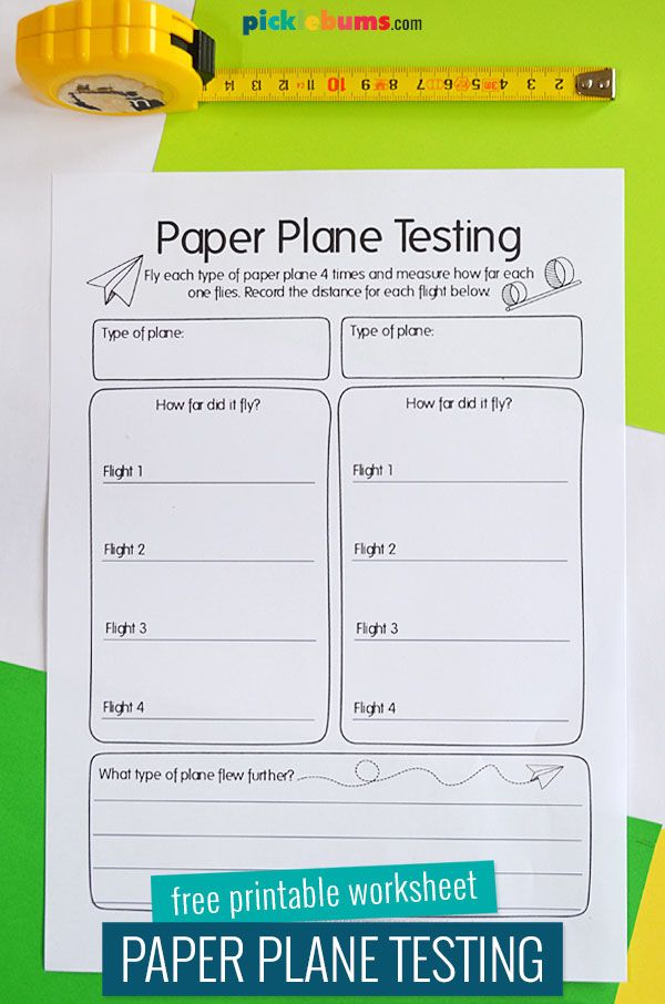 a printable paper plane testing worksheet on top of a yellow and green background