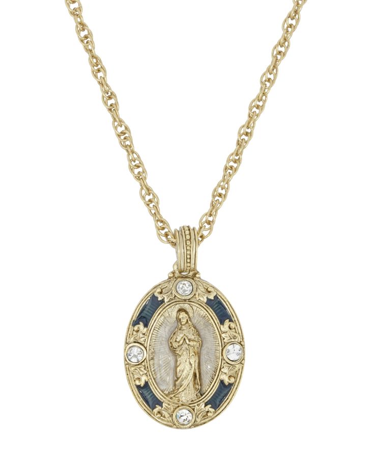 This gold-tone and blue enamel Mary pendant will be a symbol of your faith. Catholic Jewelry Necklace, Spiritual Virgin Mary Medallion Jewelry, Virgin Mary Necklace Gold, Gold Virgin Mary Necklace, Virgin Mary Pendant Jewelry Gift, Gold Coin Jewelry, Symbols Of Faith, Gold Virgin Mary Pendant Necklace, Virgin Mary Pendant