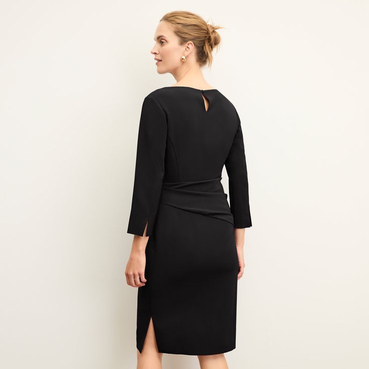 A long-sleeved spin on our beloved Maisie dress , the Maxine features a wide boat neck, decorative waist draping, commute-ready 4-way stretch, and slitted sleeves that are ready for cool weather (or cold offices). We also added a keyhole button closure at the back neck, making it easier to get on and off. This piece has been treated with Polygiene®, an anti-odor finish. The fabric won’t hold smells, so you can wear your piece multiple times before tossing it in the washing machine. Learn more ab Long Sleeve Elastane Cocktail Dresses, Long Sleeve Elastane Midi Dress For Cocktail, Elegant Spring Dress In Elastane, Fitted Dress With Draped Sleeves For Fall, Modern Long Sleeve Midi Party Dress, Chic Fitted Dress With 3/4 Sleeves, Formal Ruched Dress With Fitted Waist, Chic Formal Dress With 3/4 Sleeves, Classic Long Sleeve Cocktail Dress