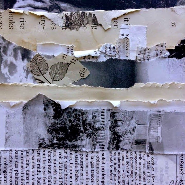 several pieces of torn newspaper sitting on top of each other