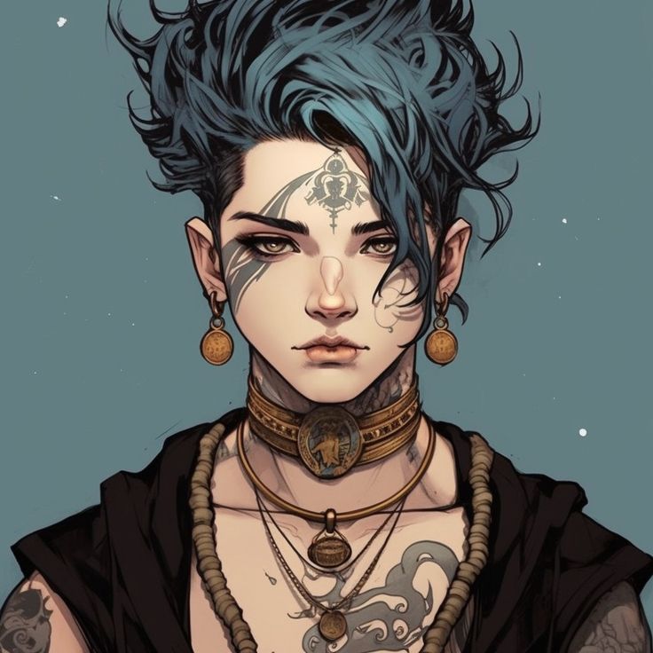 a woman with blue hair and tattoos on her face